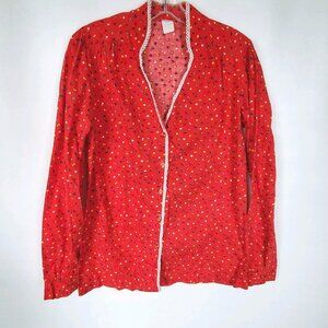 Vintage 1960s Red Ditsy Floral Print Cottagecore Western Button Up Shirt Size 14